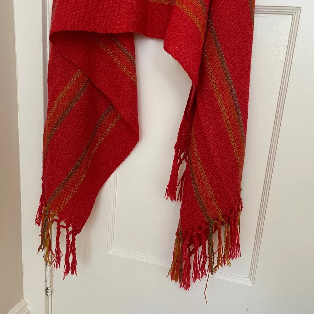 Red Woven Scarf Shawl Fringe Striped‎ Accent